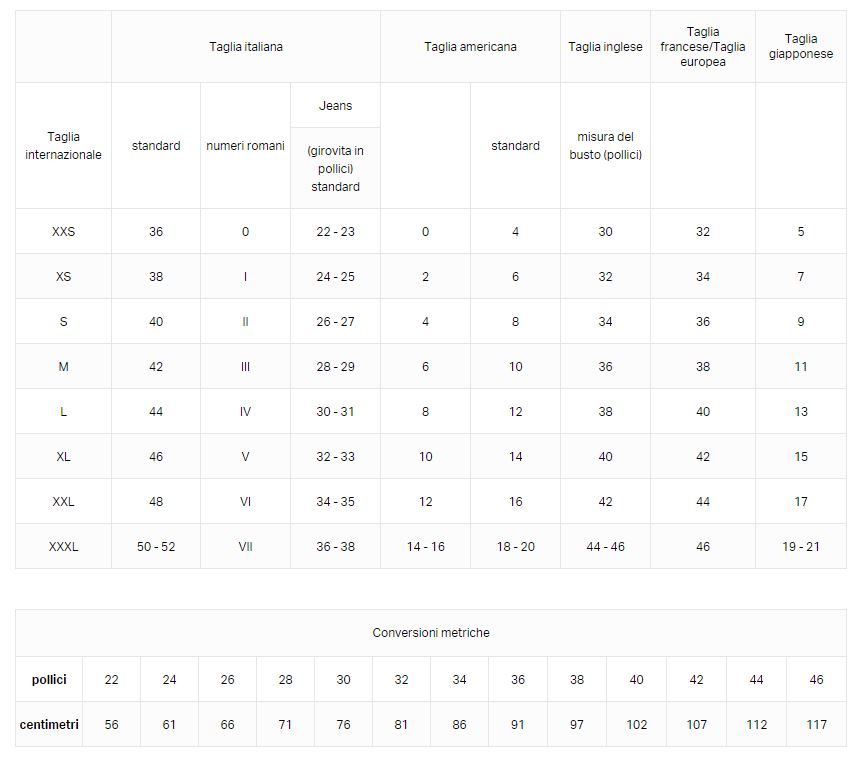 tabella taglie converse pro
