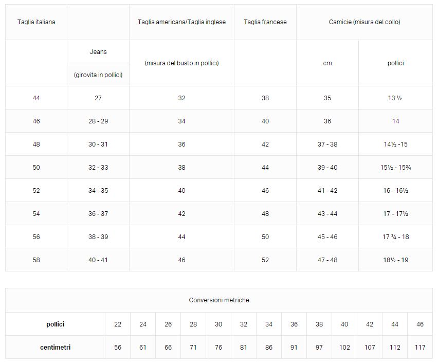 tabella taglie converse pro